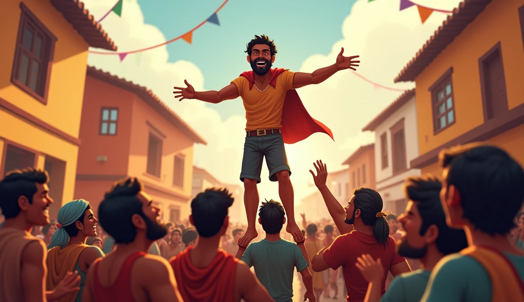 Prompt: A joyful scene in the village square where the villagers surround Ram, lifting him on their shoulders and cheering. Ram looks happy and a little embarrassed by all the attention. The villagers are smiling, clapping, and some are even dancing. In the background, you can see the simple village houses and colorful decorations, as the whole village celebrates Ram’s bravery.