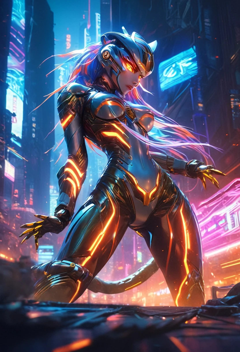 (best quality,4k,8k,highres,masterpiece:1.2),ultra-detailed,(realistic,photorealistic,photo-realistic:1.37),(from behind:1.5),1 android girl, beautiful detailed eyes, beautiful detailed lips, extremely detailed eyes and face, longeyelashes, metallic skin, mechanical body,sleek design,fierce expression,tiger-inspired features,striking orange and black stripes,glowing neon lights,wisps of exhaust smoke,urban sci-fi setting,gritty atmosphere,city skyline in background,high-tech gadgets and accessories,visually stunning,concept artists,impressive digital artwork,vivid colors,dynamic perspective,dramatic lighting,emitting ethereal glow,sharp focus,extraordinary details,highly detailed robotic limbs,sleek and polished surface,industrial style,enhanced strength and agility,androids resembling wild animals,mixture of beauty and power,exuding a sense of mystery,intense and captivating scene,blurring the boundaries between machine and nature, (glowing tiger eyes:1.5)