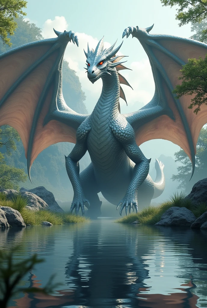 a majestic giant silver dragon、two big wings、four arms、Silver eyes、in a clearing with a lake