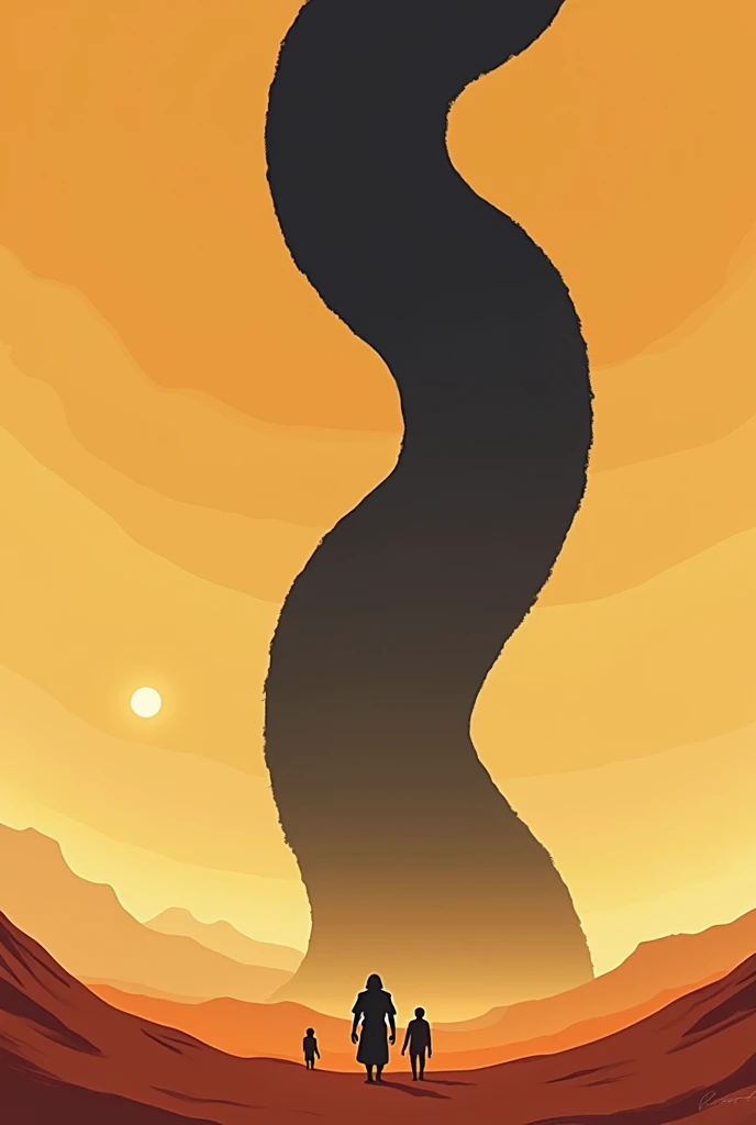 Create a minimalist, stylized art piece inspired by the movie Dune (2021). The scene should depict the colossal sandworm rising from the desert as Paul Atreides and the Fremen witness the awe-inspiring moment. Use bold, contrasting colors and simple, clean lines typical of Olly Moss's style. The sandworm should be depicted as a massive, dark silhouette against a vast, sandy landscape, with small figures in the foreground to emphasize scale. Incorporate minimal details, focusing on the grandeur and mystery of the scene, with the sun setting in the background casting long shadows."