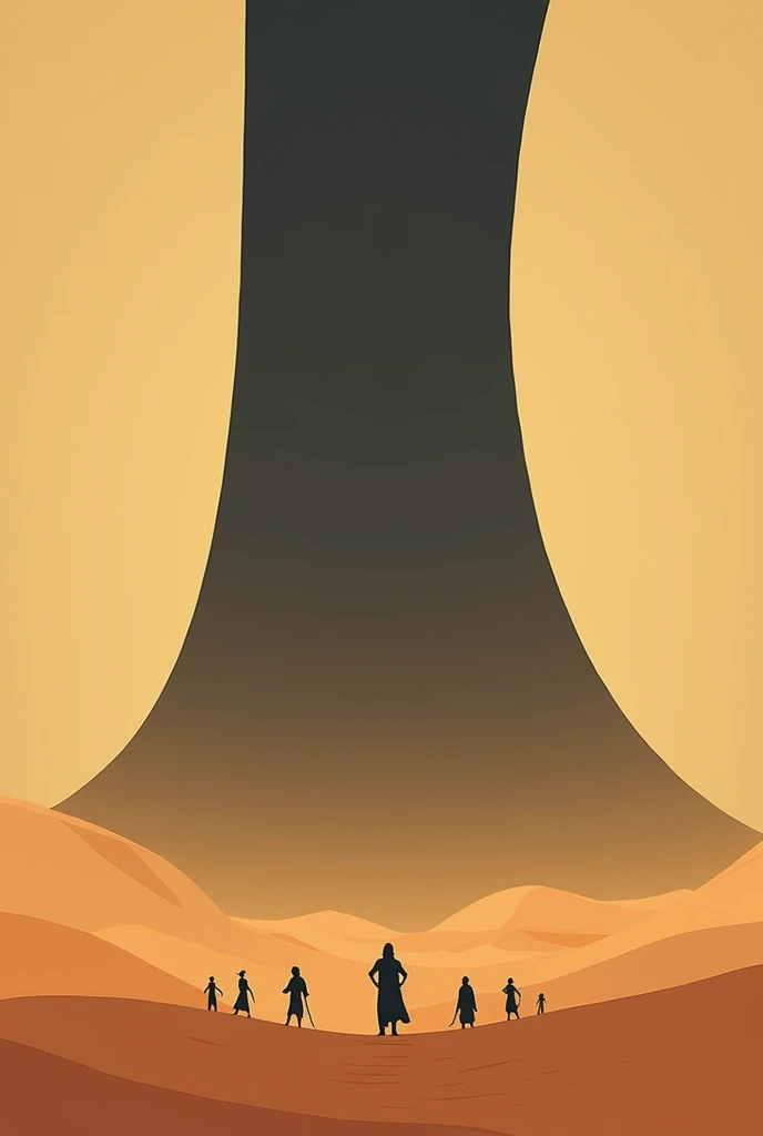 Create a minimalist, stylized art piece inspired by the movie Dune (2021). The scene should depict the colossal sandworm rising from the desert as Paul Atreides and the Fremen witness the awe-inspiring moment. Use bold, contrasting colors and simple, clean lines typical of Olly Moss's style. The sandworm should be depicted as a massive, dark silhouette against a vast, sandy landscape, with small figures in the foreground to emphasize scale. Incorporate minimal details, focusing on the grandeur and mystery of the scene, with the sun setting in the background casting long shadows."