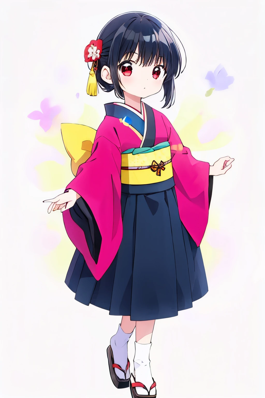 masterpiece,best quality, 1girl,solo, red_eyes, black hair, kimono,full body,red cheeks,