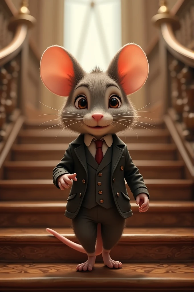 Charming mouse into a suit walking down the stairs
