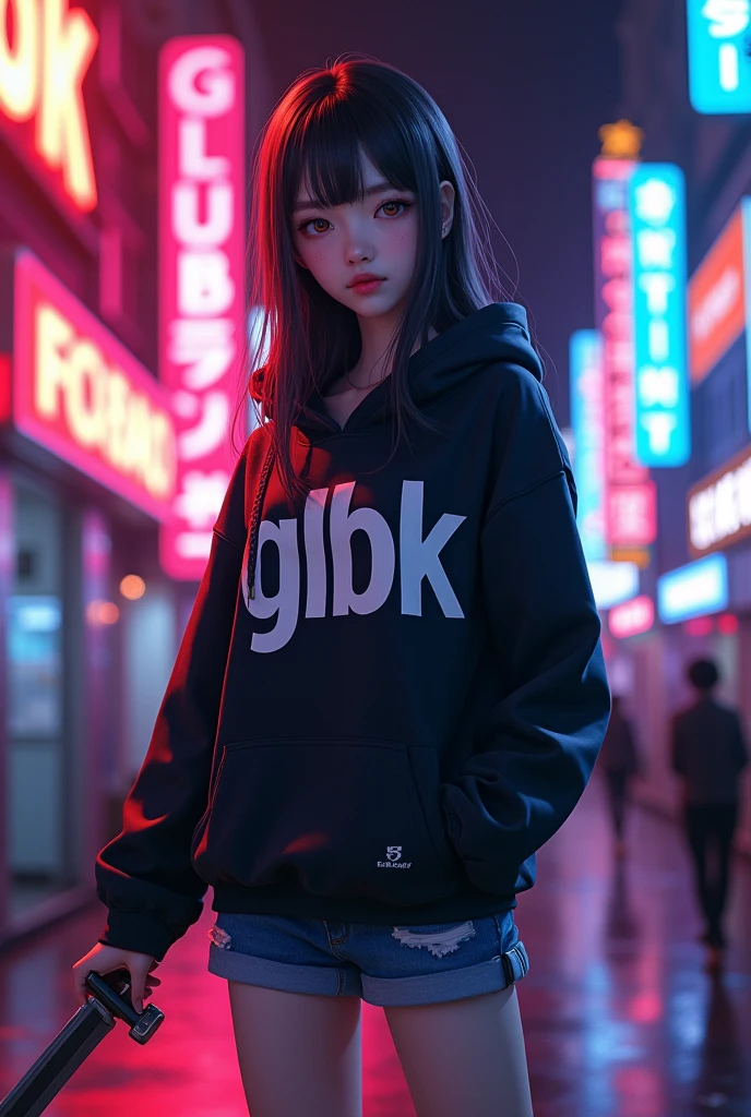 Create a character anime, {{background: capital text “GLBK”, night city}}, tanned skin,
realistic, HDR, handsome, japan style, full body, use deagger, age 20, hoodie HD text: “FANY”, female, long hair