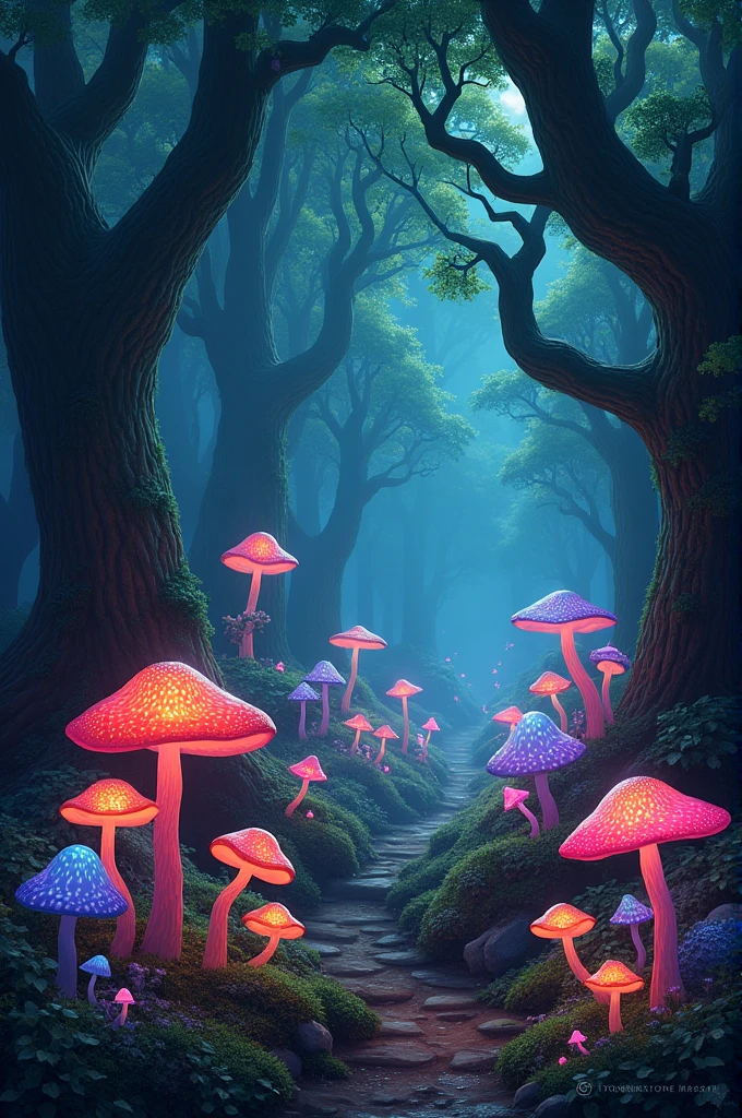 Mushroom magical forest ancient. Multi colored glowing mushrooms