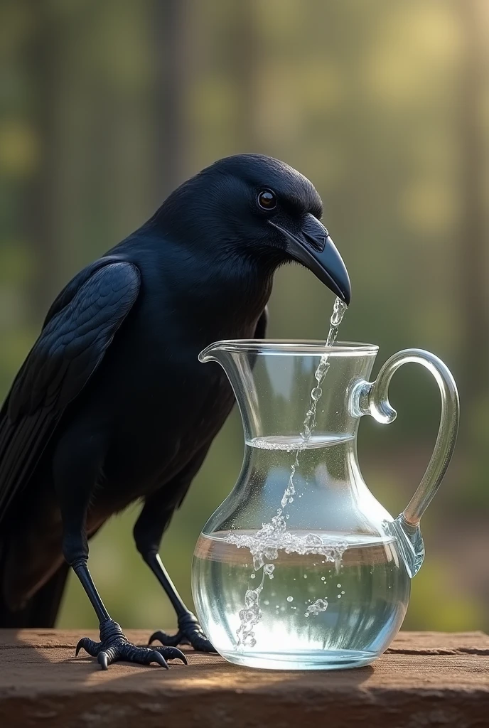 The water reaches the top of the pitcher. The crow is now able to drink the water, quenching its thirst. The crow looks relieved and content