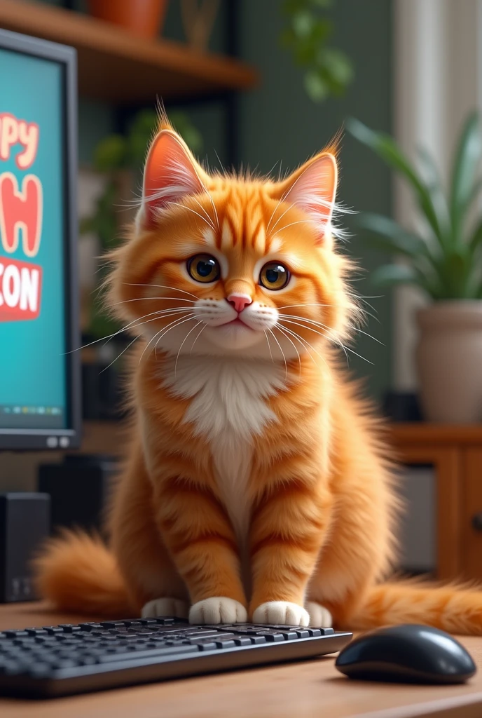 Create a cute cat in front of the computer. Orange theme. On the screen it says Happy Xeon. Make the image a banner size.