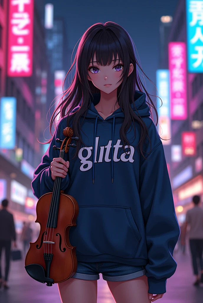 Create a character anime, {{background: capital text “GLBK”, night city}}, tanned skin,
realistic, HDR, handsome, japan style, full body, use violin, age 20, hoodie HD text: “GITTA”, female, long hair