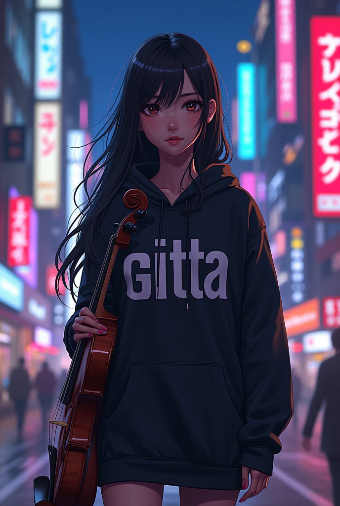 Create a character anime, {{background: capital text “GLBK”, night city}}, tanned skin,
realistic, HDR, handsome, japan style, full body, use violin, age 20, hoodie HD text: “GITTA”, female, long hair