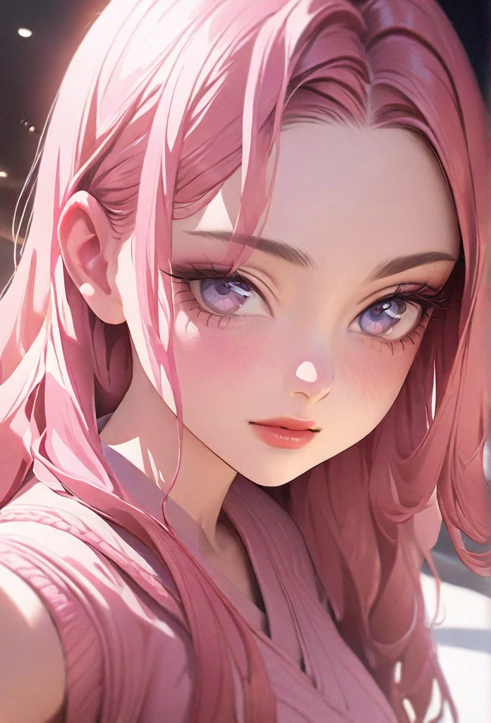 8k, Highest quality, masterpiece, Ultra-high resolution, (realism: 1.4), Original photo, (Realistic skin texture: 1.3), (Film Grain: 1.3), (Selfie angle), 1 girl, Pink clothes, Sapphire eyes and beautiful facial details, masterpiece, Highest quality, close, Upper body high quality hanging
