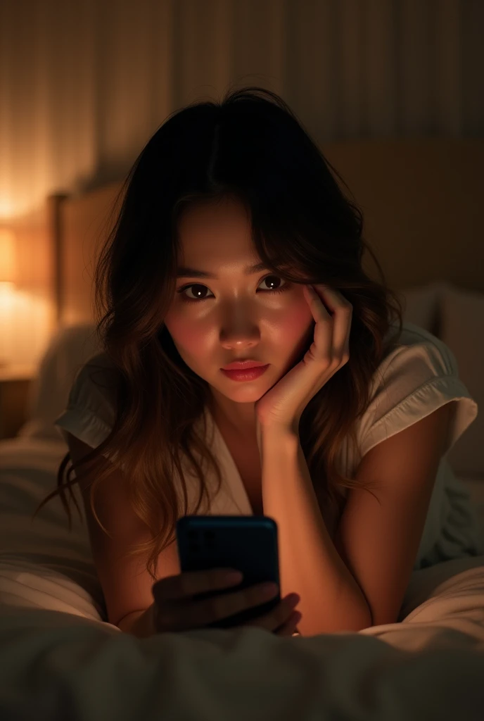 (photorealism:1.2), dim light bedroom, front view of a woman using phone, laying on her stomach, blushing face expression, shy face expression
