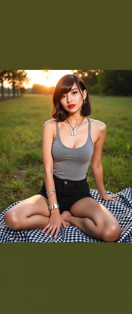 A beautiful Indonesian woman smiles with a sharp gaze, red lips, classic bob bangs hair, tight tank top short skirt wearing H letter necklace bracelet and watch, sitting in the middle of the grass on a black and white checked cloth, sunset is very beautiful sky,
Very bright lighting., fashion