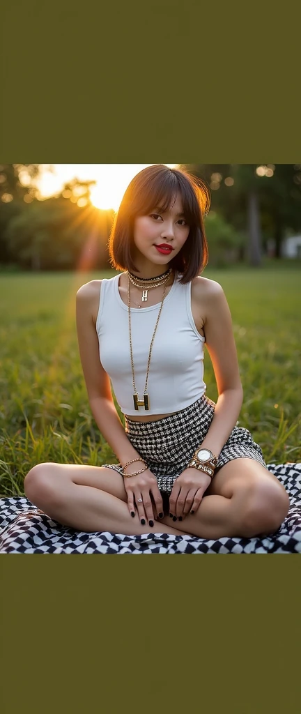 A beautiful Indonesian woman smiles with a sharp gaze, red lips, classic bob bangs hair, tight tank top short skirt wearing H letter necklace bracelet and watch, sitting in the middle of the grass on a black and white checked cloth, sunset is very beautiful sky,
Very bright lighting., fashion