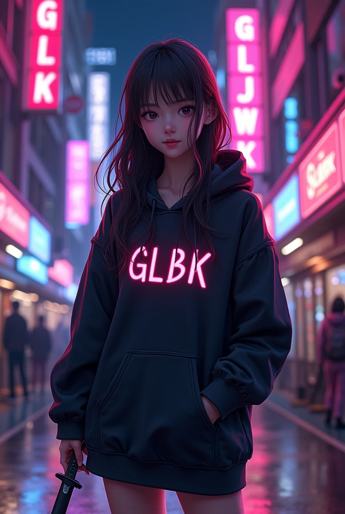 Create a character anime, {{background: capital text “GLBK”, night city}}, tanned skin,
realistic, HDR, handsome, japan style, full body, use deagger, age 20, hoodie HD text: “FANY”, female, long hair