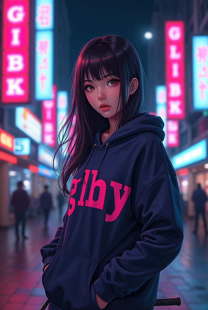 Create a character anime, {{background: capital text “GLBK”, night city}}, tanned skin,
realistic, HDR, handsome, japan style, full body, use deagger, age 20, hoodie HD text: “FANY”, female, long hair