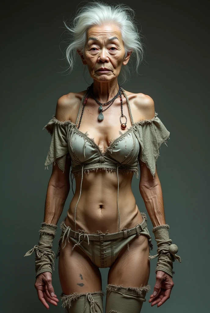 Japan 100 years old old woman aging elderly person aged face gal to off-shoulder、Micro Mini Skirt、Grandma gal wearing thigh-high boots to grandma breast with breast implants, 
Tattered off-shoulder top, tattered micro mini skirt, tattered thigh-high boots