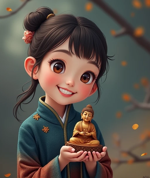 a young Asian girl holding a small Budda statue in her hand, smiling happily, professional photography