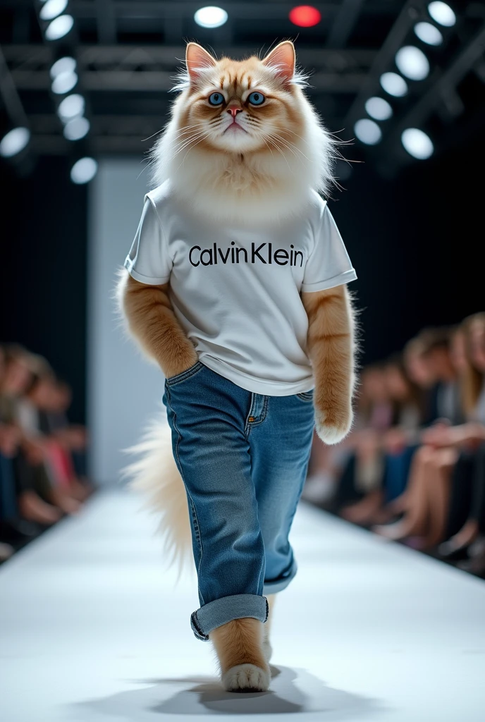 Himalayan cat wearing Calvin Klein t-shirt and jeans set in a real life full body photo fashion show