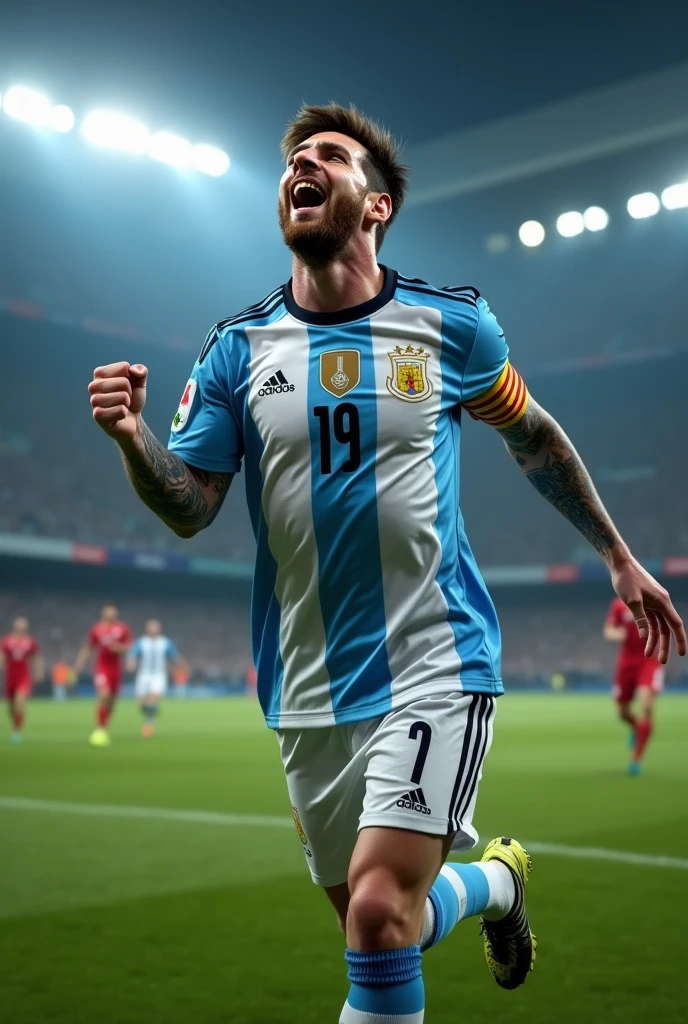 Messi celebrating the goal by showing the shirt with his name on it in the World Cup final 