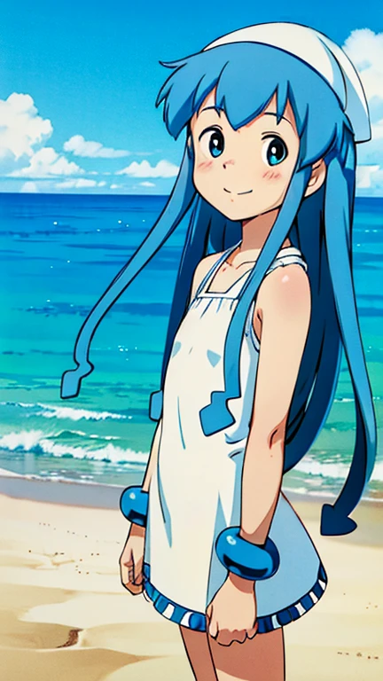 (1girl, solo, highly insanely detailed, masterpiece, top quality, best quality, highres, 4k, 8k, RAW photo),((innocent look)),((Childish)),From the front, symmetrical composition,smile,cute,Innocent,Kind eyes,Flat chest,ghibli style, beach, (ikamusume), (blue eyes, blue hair, dress, long hair, tentacle hair),