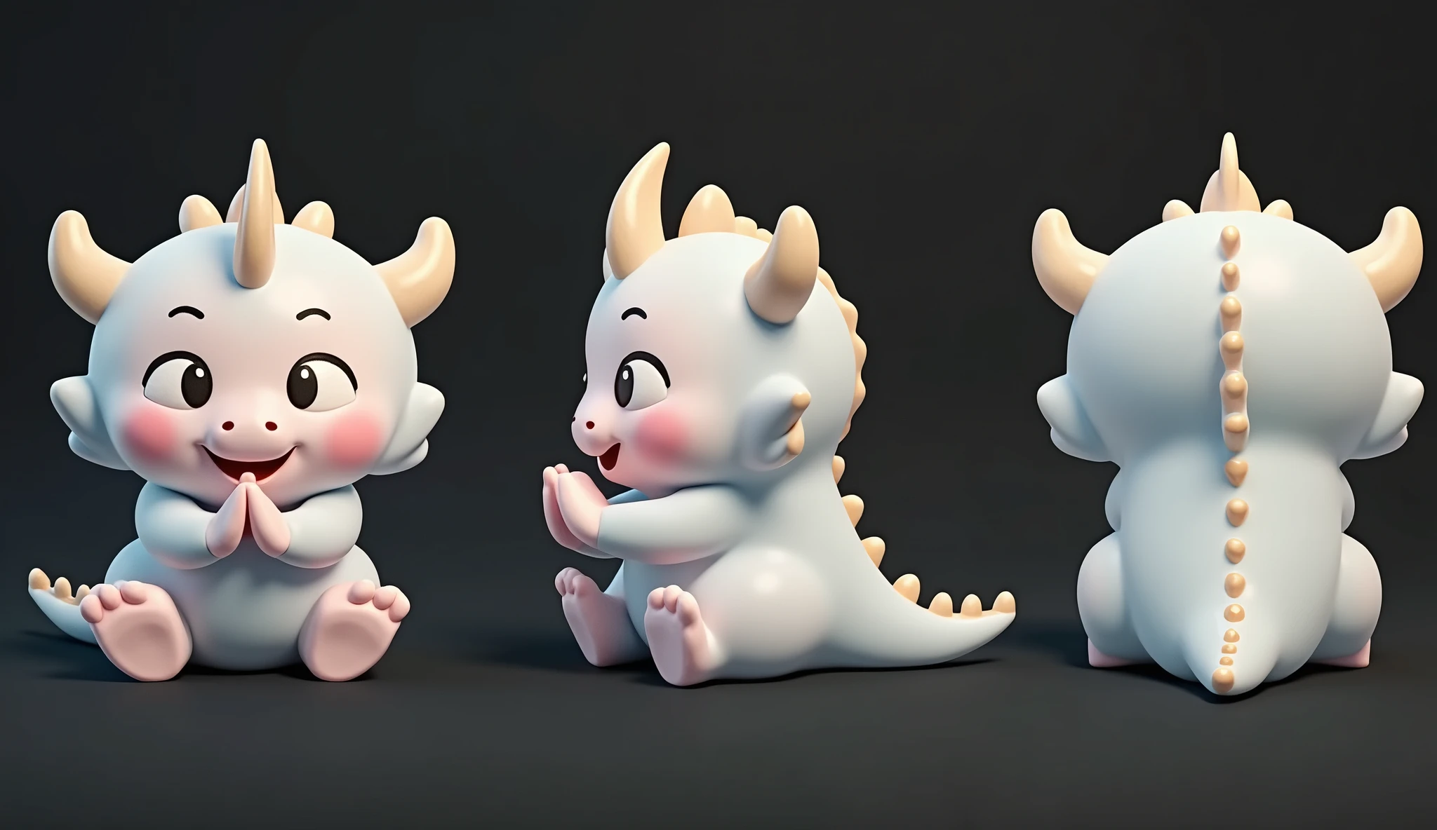 3D rendering, C4D, cartoon style version of a cute Chinese baby dragon, blue body, pink face, golden horns on his head, smiling happily and praying with his hands folded, full body front view and side view, back view. Light indigo and gold style, anime aesthetics, furry art, solid color background, super high detail.