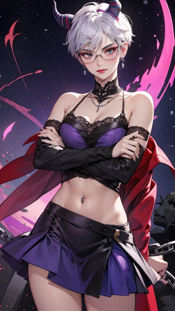 8k, masterpiece, best quality, highly detailed, 1 girl, tiefling, warlock, pixie cut, multicolored hair, very short straight hair red highlight hair on white hair, strippled hair, wearing glasses, round glasses, earrings, navel piercing, red eyeshadow, long eyelashes, blushed cheek, red lips, pearl necklace, rings, collarbone, mole on face, glamorous, teal and purple clothes, sleeveless, miniskirt, smirk, close up view, rings, looking at viewer, demon horns, solo, starry sky, pale blue moon, standing, boxing stance, demonic arms, chains on the background, black lace gloves, arms crossed.