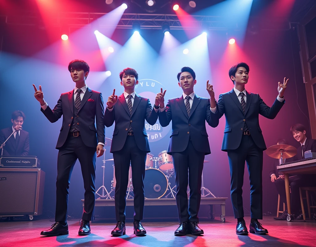 Create an album cover featuring four handsome Korean men wearing stylish school uniforms. The setting should be a school stage, complete with a guitar and drums. Capture the excitement and energy of a school performance or event, incorporating stage lights, a cheering crowd, and school-themed decorations to enhance the scene.