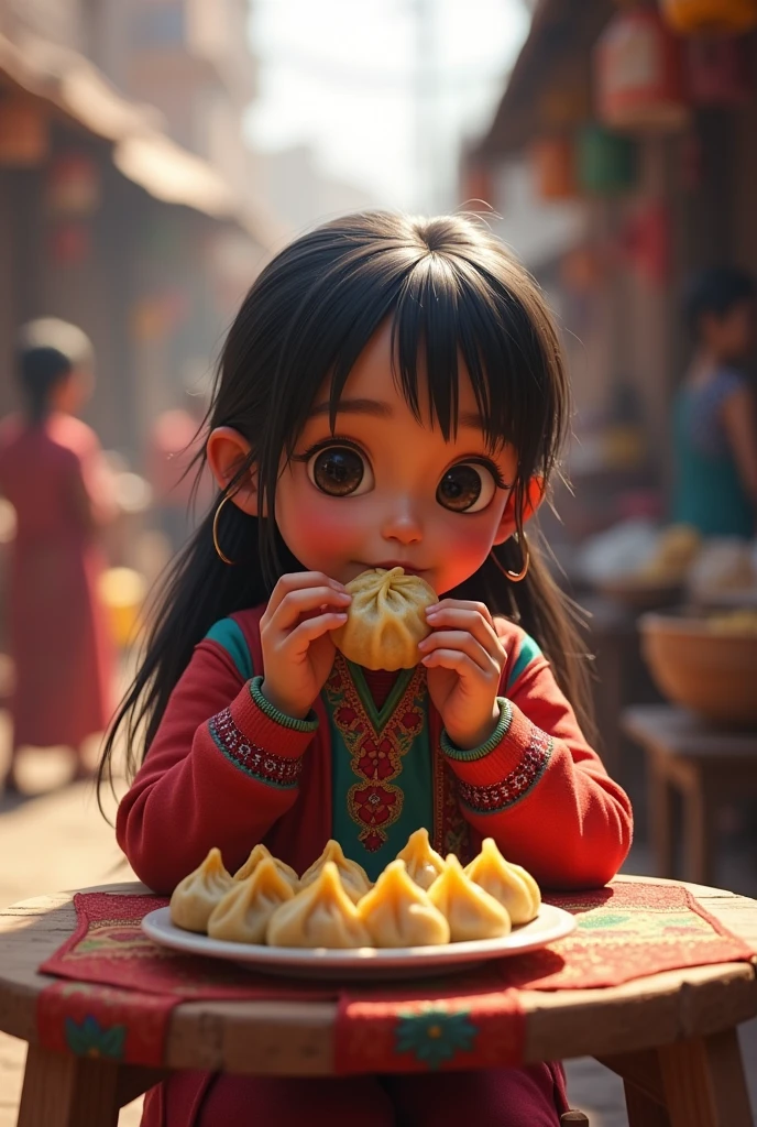 Nepali girl eating momo