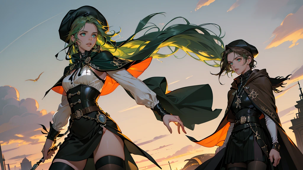 masterpiece, Super detailed, 8K portrait, RAW photo, portrait photography, highly detailed face, beautiful and detailed eyes, ((fantasy)), young and beautiful, 22 years ago, dynamic pose, (((long straight deep green hair))), ((One side is woven with orange ribbon)), dull bangs, beret, white skin color, luxury, hooded (((Dark brown))) (((Silk Long Cloak))) fluttering in the wind, (((dress shirt))), (((silk maxi skirt))), leather corset, (((dark thigh high tights))), High Cut Leather Boots, (((Lift a long magic wand))), ((wear a pocket watch)), midday sun, surreal, body model, small breasts, beautiful breasts, long legs, city, environmental lighting, shadow details , focus the camera on the face, strong wind, light fog