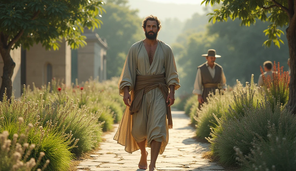“A male Stoic philosopher, around 2, possesses a well-proportioned and attractive physique, his slightly tanned skin. His very short, well-trimmed beard and wavy, well-styled hair, drawing attention wherever he goes. He is dressed in classic tunics in soft earthy tones - gray, brown, and olive green - with subtle gold or copper details, which fall gently on his body, subtly revealing his shoulder.
In a perfectly balanced garden, the philosopher walks peacefully along a well-tended path. The garden is divided into distinct areas, each flourishing with different types of plants, symbolizing the various aspects of a well-balanced life. The philosopher’s demeanor is calm and serene, reflecting the harmony he has achieved. The inspiring figures from earlier are still present, walking alongside him as equals, symbolizing the shared pursuit of balance and authenticity. The scene is painted in an impressionist style, with soft, harmonious brushstrokes capturing the gentle light of a late afternoon, highlighting the tranquility and completeness of the setting. The philosopher’s face reflects contentment and fulfillment, emphasizing the metaphor of living a balanced and authentic life.”