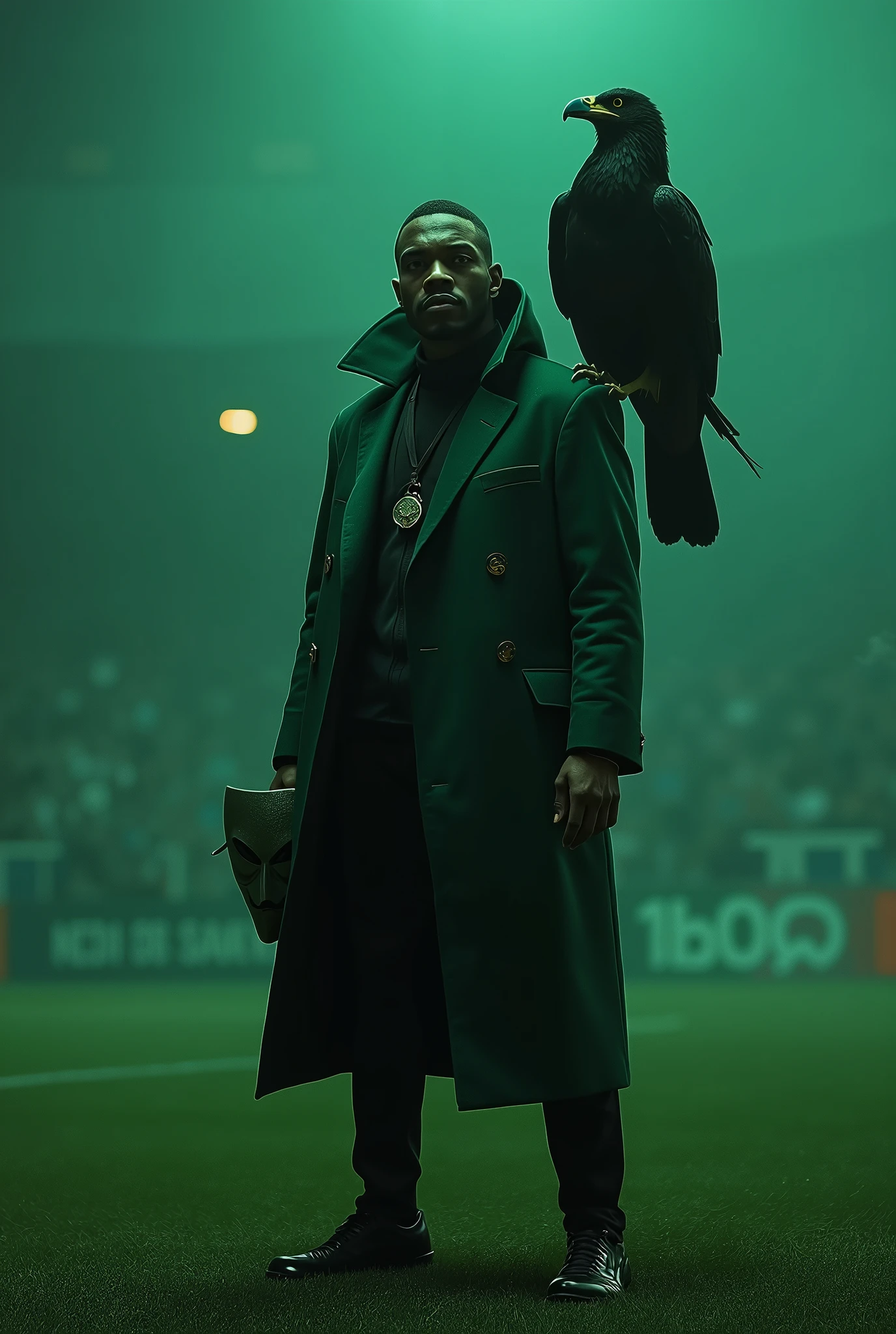 An Afro-European man with "v for vendetta" hat in a "V for Vendetta" costume stands on a soccer field. Holding "V for Vendetta" mask in one hand, Dark green field surface, dark ambient lighting, a large black eagle on his shoulder, dim light,
