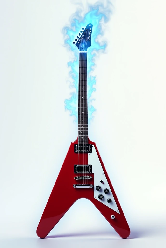 Create an image of a red and white “gibson flying v 1967” guitar with a white background behind it I would like the neck of the guitar to give off a sort of blue fire aura that looks semi-realistic
