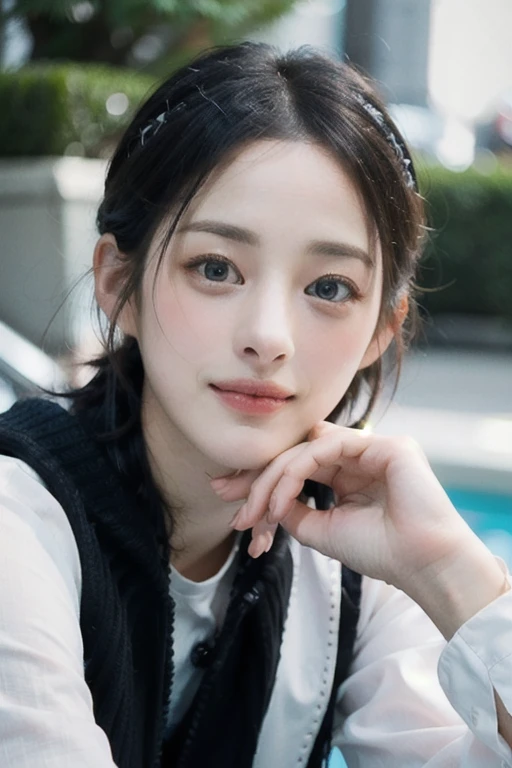 a Close-up portrait of gorgeous smiling cute Japanese woman in a glamorous white Fishnets outfit, delicate facial features, porcelain-skinned, pixie cut hair, real human skinned texture, ultra-realistic photograph, a fusion of young Marion Cotillard's striking eyes and young Anne Hathaway's introspective gaze, long and slender cute face, curved eyebrows, droopy hooded eyes, lower nasal bridge, slim wavy nose, smiling, thin lips, short pixie cut hair, silhouette, bokeh, skylight atrium pool background,  depth of field, photo, film, AnneH, marioncotillard, 