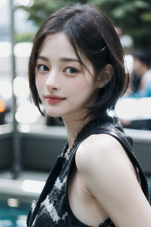 a Close-up portrait of gorgeous smiling cute Japanese woman in a glamorous white Fishnets outfit, delicate facial features, porcelain-skinned, pixie cut hair, real human skinned texture, ultra-realistic photograph, a fusion of young Marion Cotillard's striking eyes and young Anne Hathaway's introspective gaze, long and slender cute face, curved eyebrows, droopy hooded eyes, lower nasal bridge, slim wavy nose, smiling, thin lips, short pixie cut hair, silhouette, bokeh, skylight atrium pool background, depth of field, photo, film, AnneH, marioncotillard,