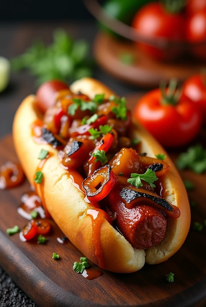 Hot dog with merguez, cooked onion and grilled tomato and grilled pepper with Algerian sauce