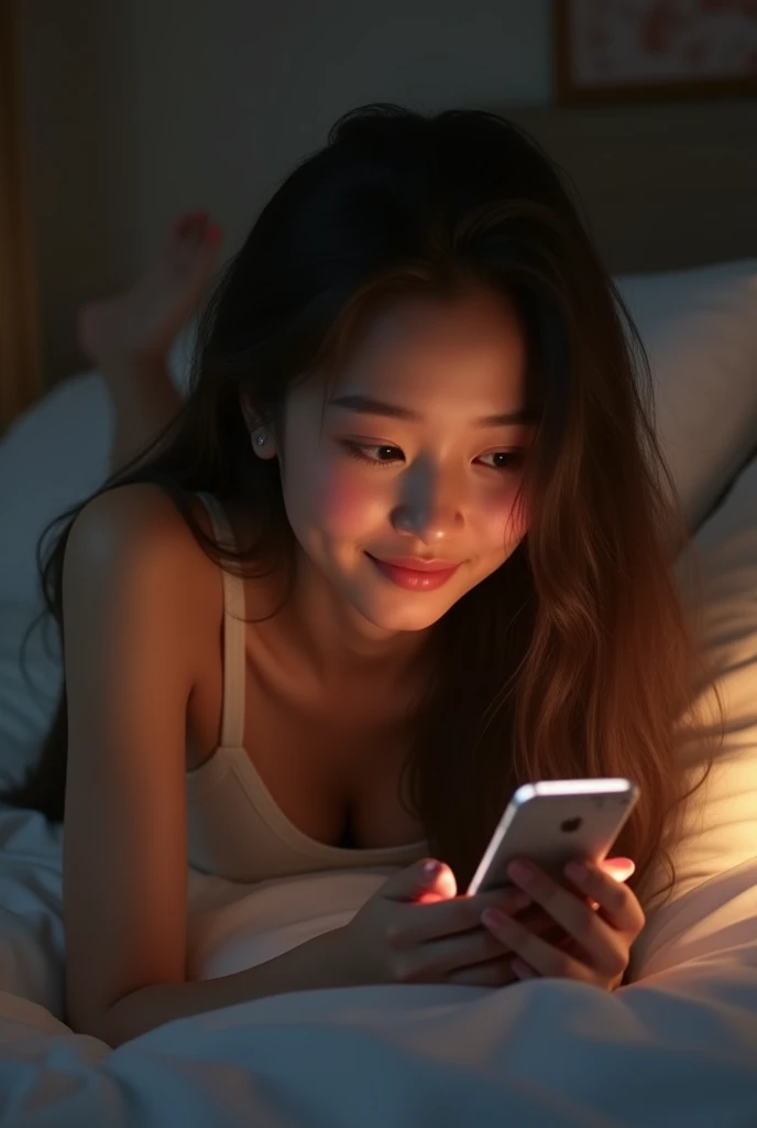 (photorealism:1.2), dim light bedroom, front view of a woman using phone, laying on her stomach, blushing face expression, smiling shyly
