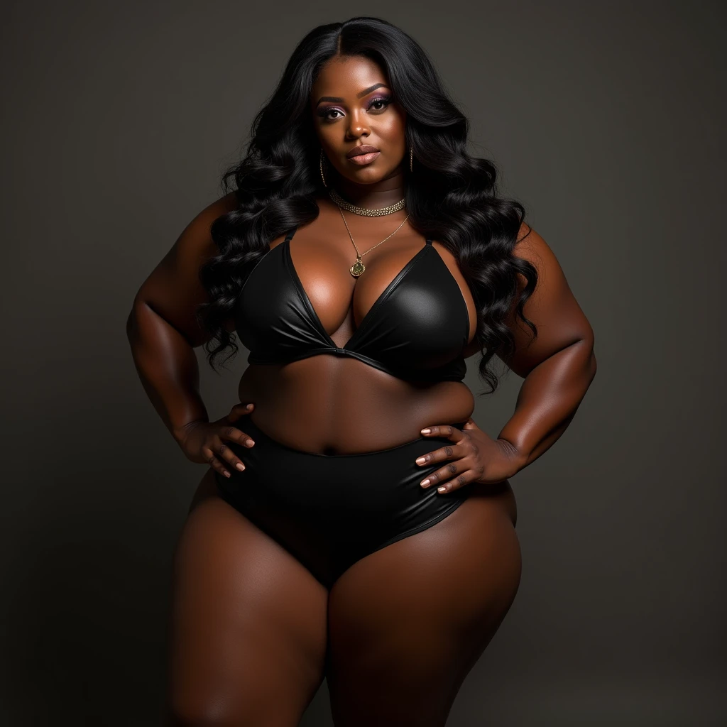 araffes in a black leather bra top and high heels posing for a picture, angela white, voluptuous and arousing, extremely plump, covered sfw huge breasts, voluptuous body, giant stunning goddess shot, wet swimsuit, wearing leather bikini, with large breasts, voluptuous figure, curvy, powerful and huge, thick shining black hair