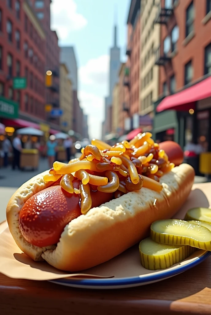 A New York-style hot dog with onion and pickle in New York