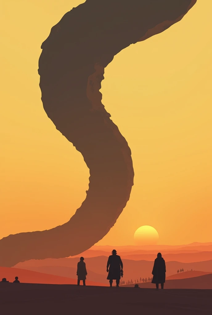 Create a minimalist, stylized art piece inspired by the movie Dune (2021). The scene should depict the colossal sandworm rising from the desert as Paul Atreides and the Fremen witness the awe-inspiring moment. Use bold, contrasting colors and simple, clean lines typical of Olly Moss's style. The sandworm should be depicted as a massive, dark silhouette against a vast, sandy landscape, with small figures in the foreground to emphasize scale. Incorporate minimal details, focusing on the grandeur and mystery of the scene, with the sun setting in the background casting long shadows."