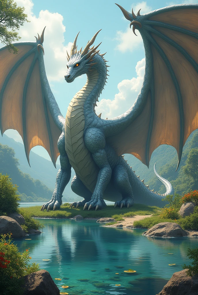 a majestic giant silver dragon、two big wings、four arms、Gold cat eyes、in a clearing with a lake