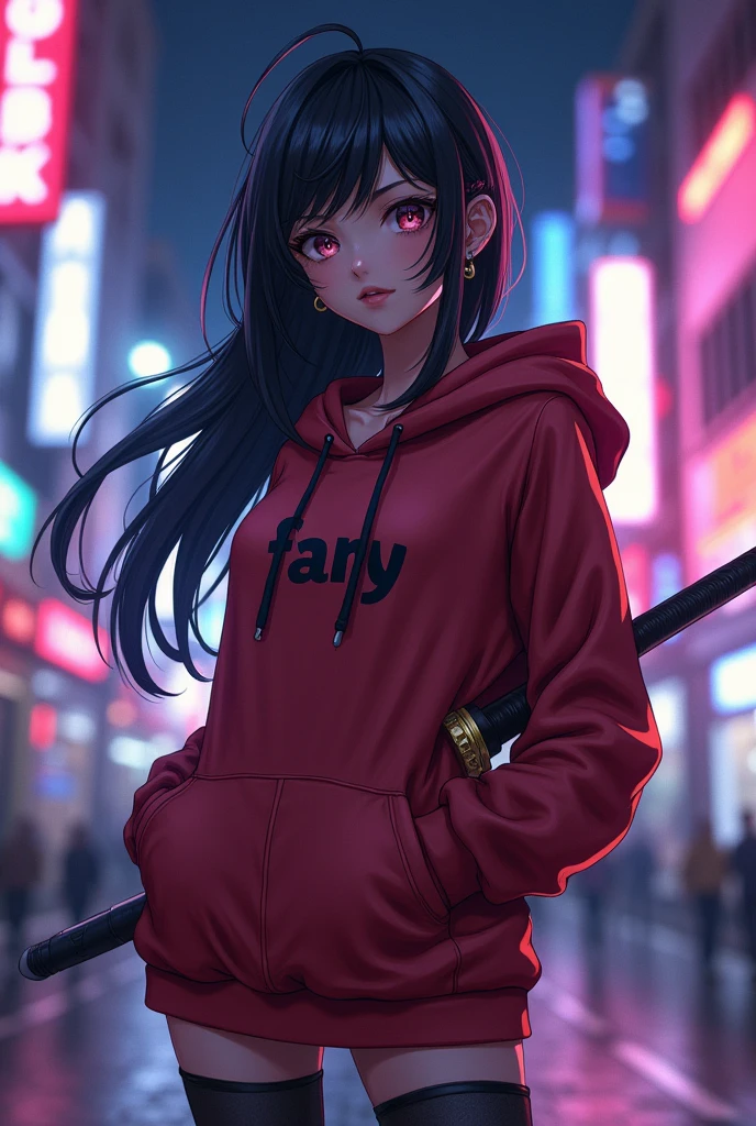 Create a character anime, {{background: capital text “GLBK”, night city}}, tanned skin,
realistic, HDR, handsome, japan style, full body, use deagger, age 25, hoodie HD text: “FANY”, female, long hair