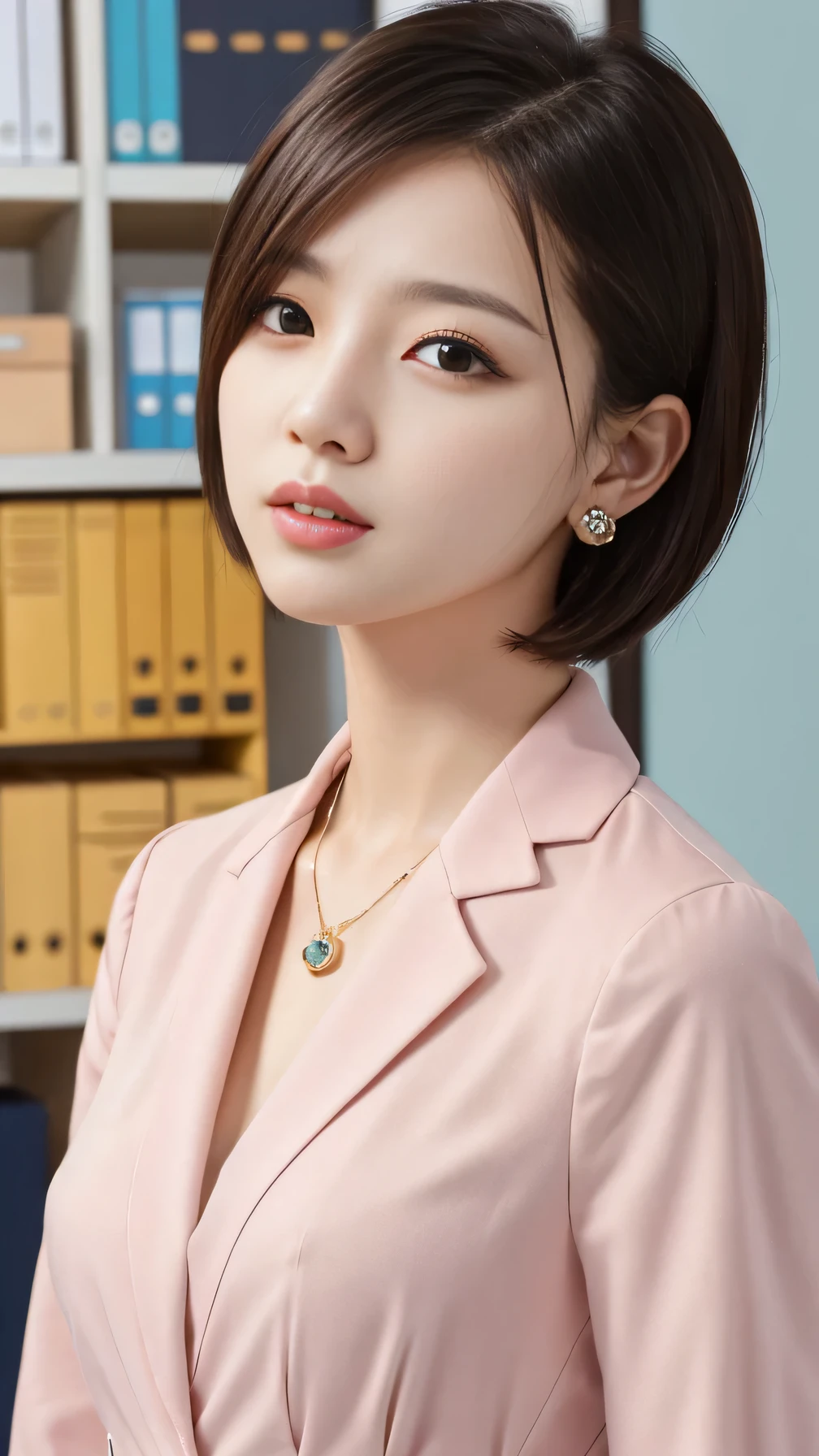 RAW Photos, High resolution, Very detailed, Intricate details, 、ear piercing、Expressionless、short hair、Black Hair、Clear beauty,(High quality fabric, Office Lady Suits 、Necklace around the neck、, The background is the office
