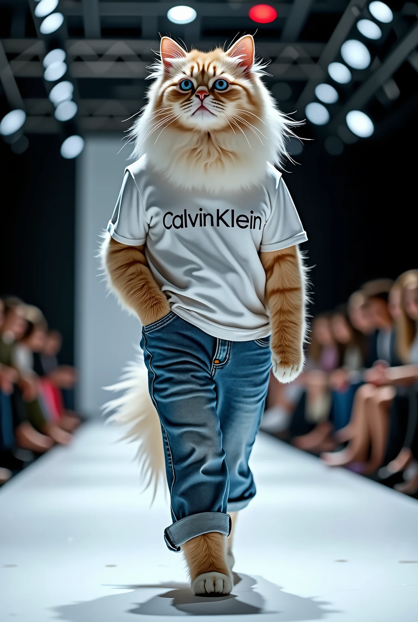 Himalayan cat wearing Calvin Klein t-shirt and jeans set in a real life full body photo fashion show