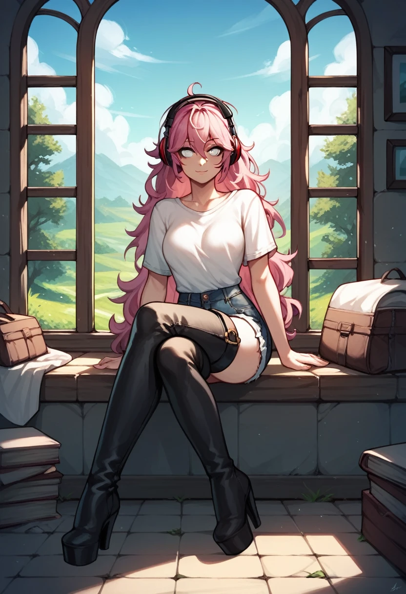 score_9, score_8_up, score_7_up, score_6_up, score_5_up, score_4_up, source_anime, 1woman, sexy face, sit, pink hair, long hair, white eyes, croosed legs, messy hair, white shirt, jeans shorts, black thigh high boots, platforms, heels, day, windows, beautiful view from the window, There are forests and fields outside the window, headphones, dungeon, best quality, best res, 4K UHD,