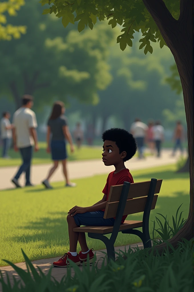 Generates a 1 black boy sitting in a park, With an uncomfortable and lost look watching white people pass by that place and they stare at it 