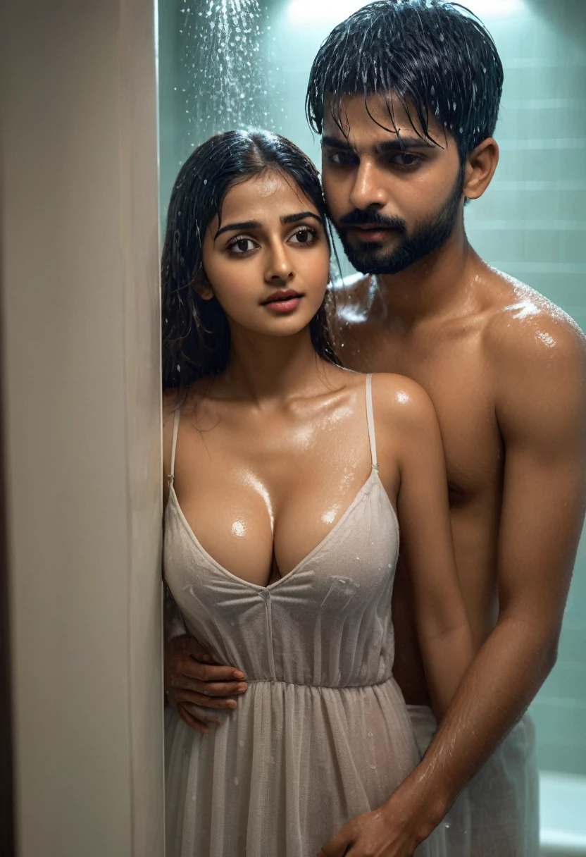 1 girl, 1 boy, very realistic image, hot scene, erotic love making scene with boobs, Hot Indian girl and boy, girl is drenched, boy grabs her bra, bathing in shower, short transparent dress, round boobs, cleavage, in shower, girl is facing camera, dim light, city lights leak in bathroom