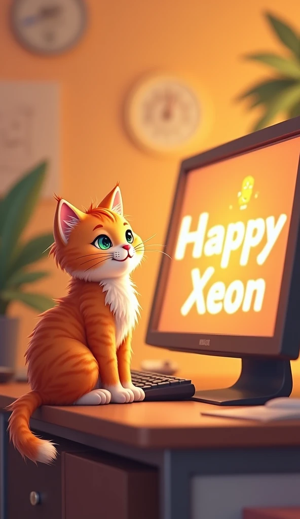 Create a cute cat in front of the computer. Orange theme. On the screen it says Happy Xeon.