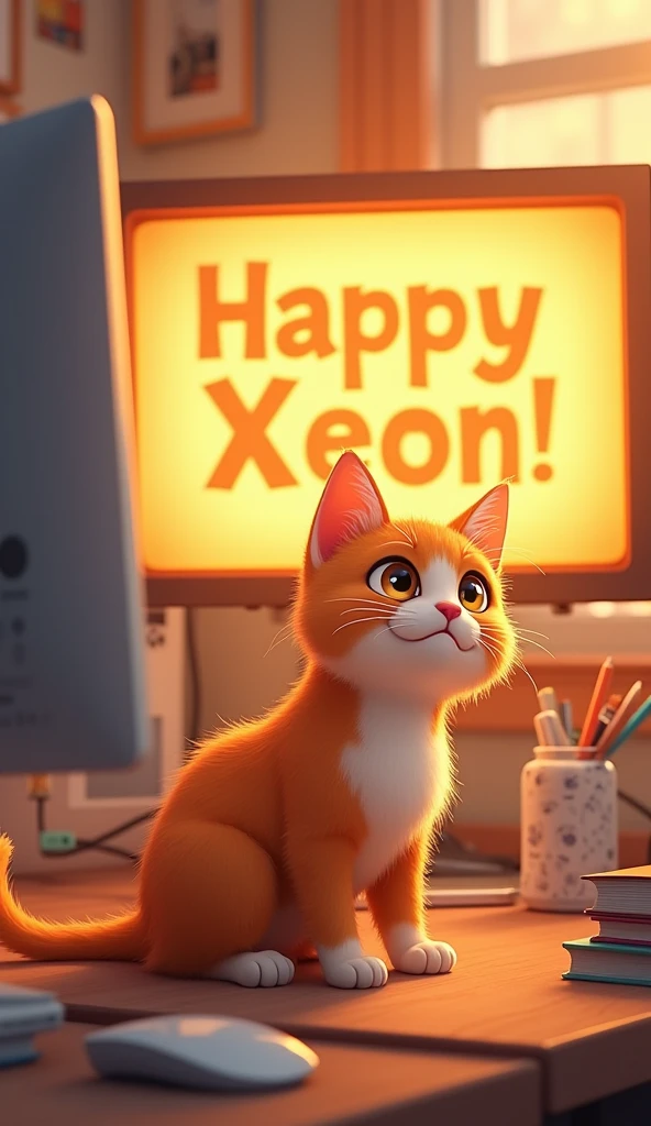 Create a cute cat in front of the computer. Orange theme. On the screen it says Happy Xeon.