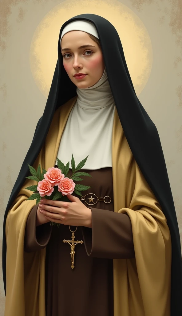 Generates an image of Saint Therese, dressed in a brown habit, black veil,  a light yellow cloak, a religious nun, holding a bouquet of roses and a crucifix.