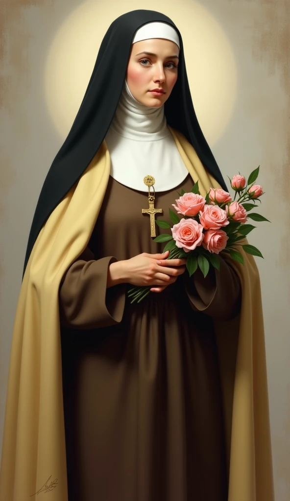 Generates an image of Saint Therese, dressed in a brown habit, black veil, a light yellow cloak, a religious nun, holding a bouquet of roses and a crucifix.